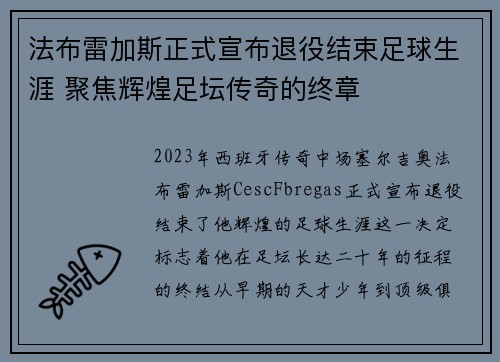 法布雷加斯正式宣布退役结束足球生涯 聚焦辉煌足坛传奇的终章